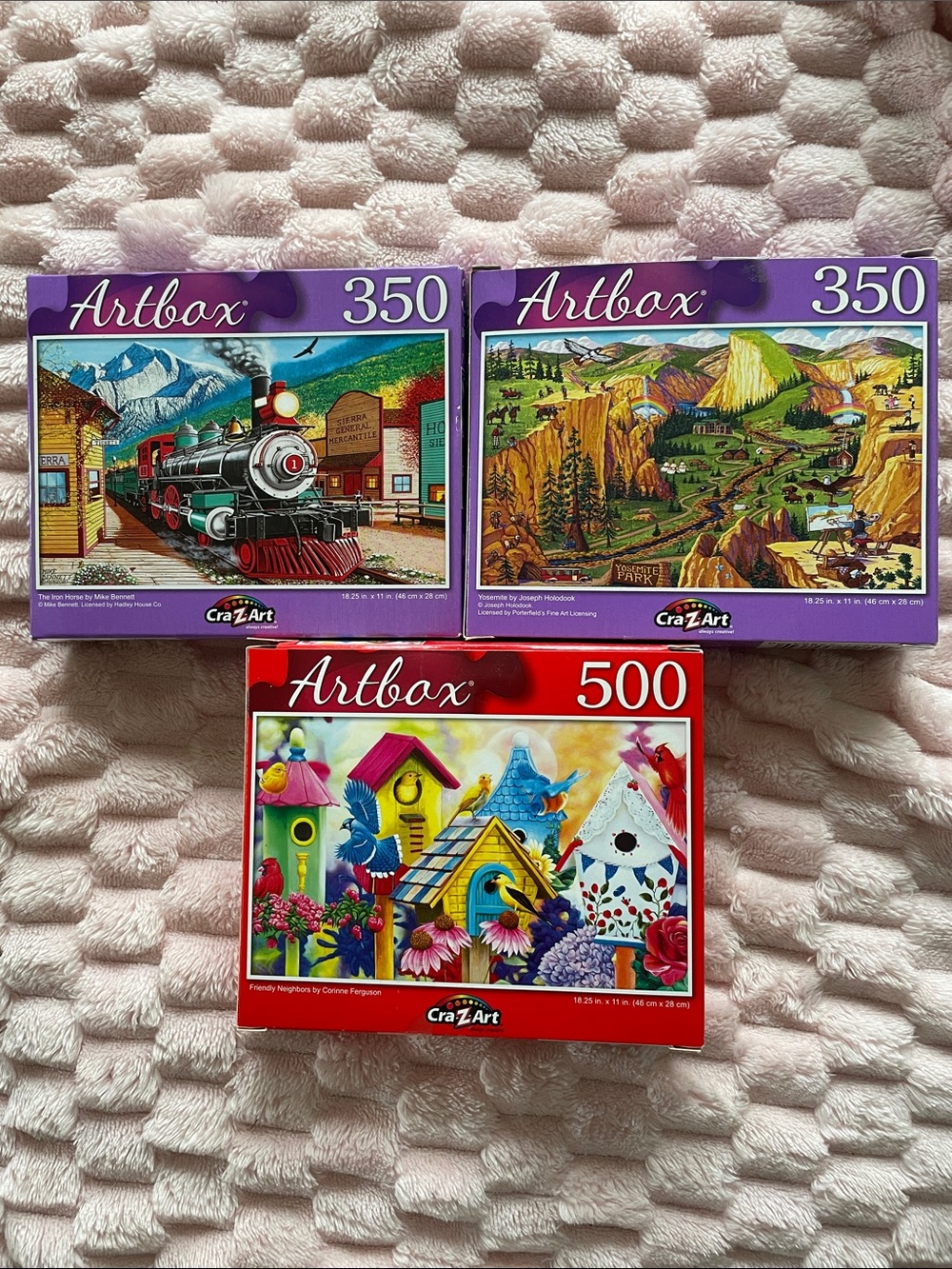 Small piece Puzzle Sets Colorful Train, Scenic, & Birds Designs (set of 3)